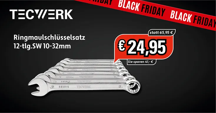 Werbegrafik für TECWERK Ringmaulschlüsselsatz 12-teilig, Black Friday Preis 24,95 Euro.