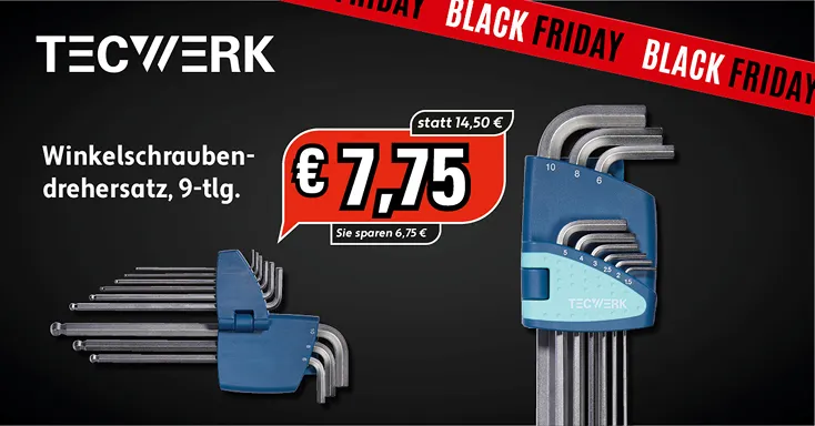 Werbegrafik für TECWERK Winkelschraubendrehersatz 9-teilig,Black Friday Preis 7,95 Euro.